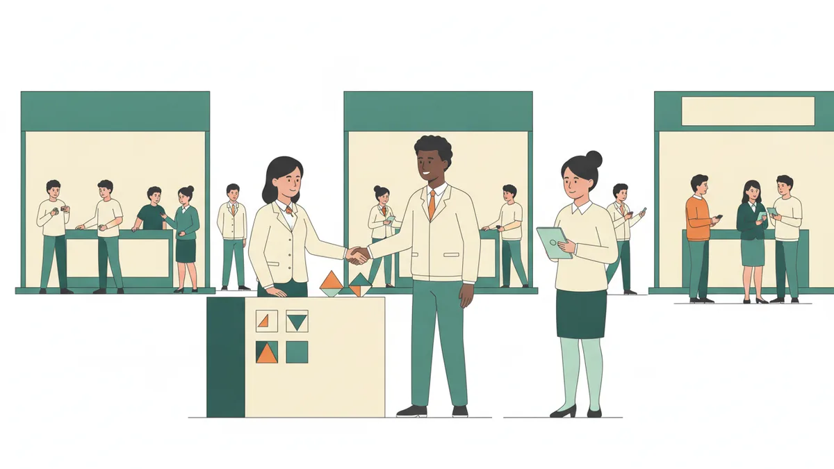 Illustration : dans le hall d'un salon professionnel, une étudiante en tailleur serre la main d'un visiteur étranger devant un petit stand d'échantillons, tandis qu'une camarade prend des notes sur une tablette.