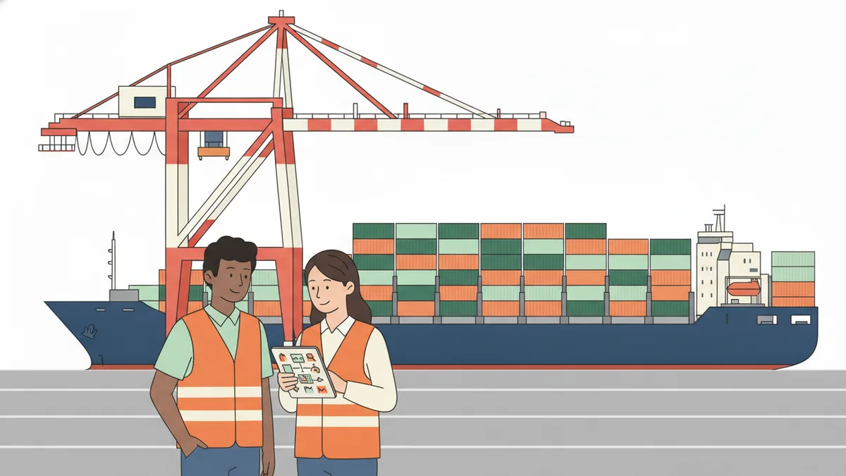 Illustration : sur un quai de port, deux étudiants en gilet orange regardent une tablette avec un agent logistique ; derrière eux, des conteneurs colorés empilés, un portique et un navire à quai.