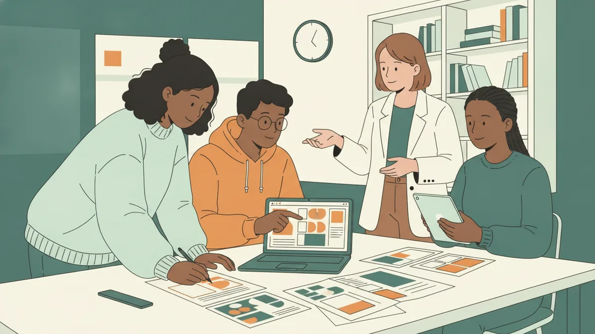 Illustration : dans une salle de classe, trois étudiants et une enseignante travaillent sur la maquette papier d'une brochure et un ordinateur portable ; une étudiante annote la maquette au stylo.