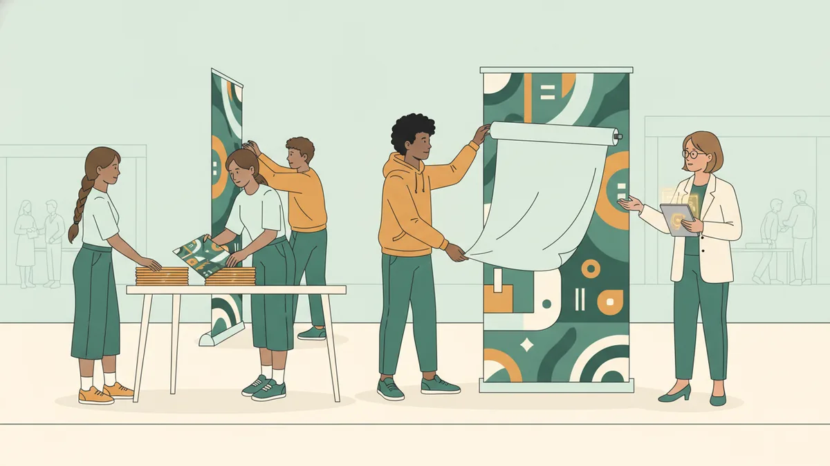 Illustration : dans un grand hall, une jeune apprentie du service communication d'une entreprise installe un stand avec des kakémonos et des brochures, pendant que sa tutrice, tablette en main, lui donne des conseils.