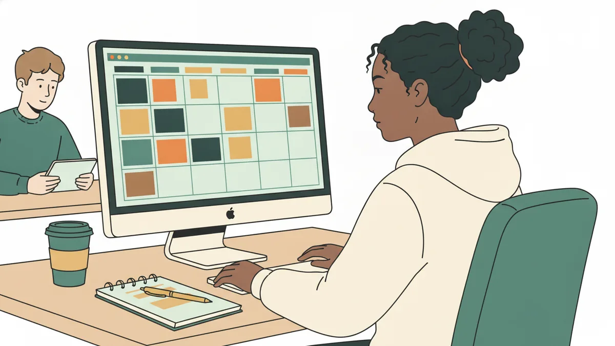 Illustration : vue par-dessus l'épaule d'une jeune apprentie assise à son bureau, qui planifie des publications pour les réseaux sociaux sur un grand écran rempli de cases colorées et de vignettes d'images, à côté d'un carnet et d'un gobelet de café.