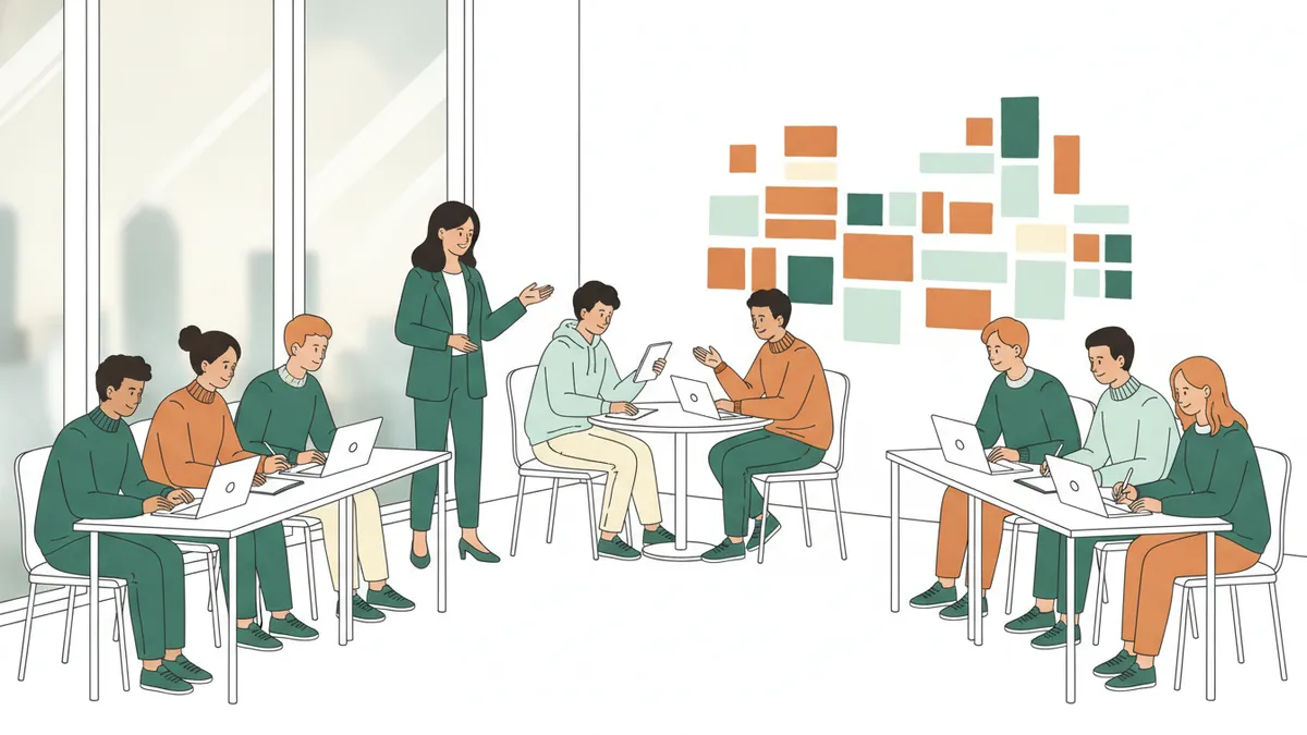 Illustration : dans une salle lumineuse, une coach anime un atelier ; deux étudiants jouent un entretien d'embauche face à face, les autres observent et prennent des notes sur leur ordinateur.