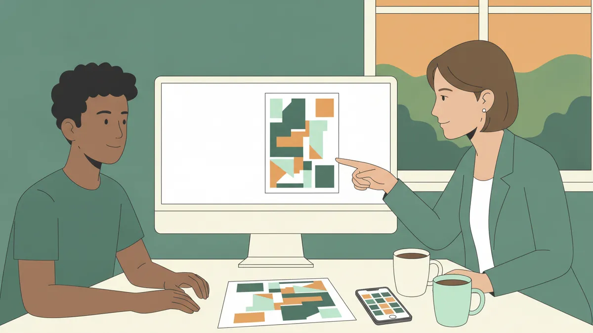 Illustration : dans le service communication d'une entreprise, un jeune apprenti travaille une affiche sur un grand écran ; sa tutrice lui montre un détail du doigt ; sur le bureau, une épreuve imprimée, un téléphone et des tasses.