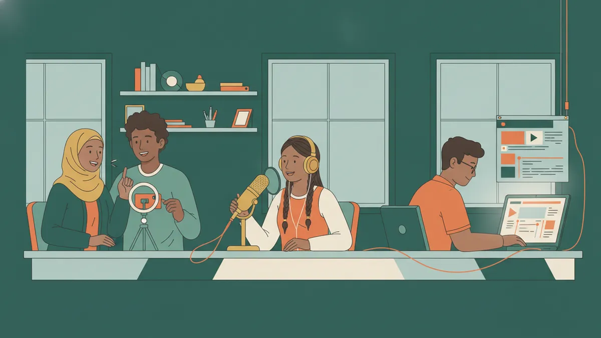 Illustration : dans un atelier, un étudiant filme une camarade au smartphone avec une lampe annulaire, une autre enregistre un podcast au micro, un troisième monte une vidéo sur son ordinateur.