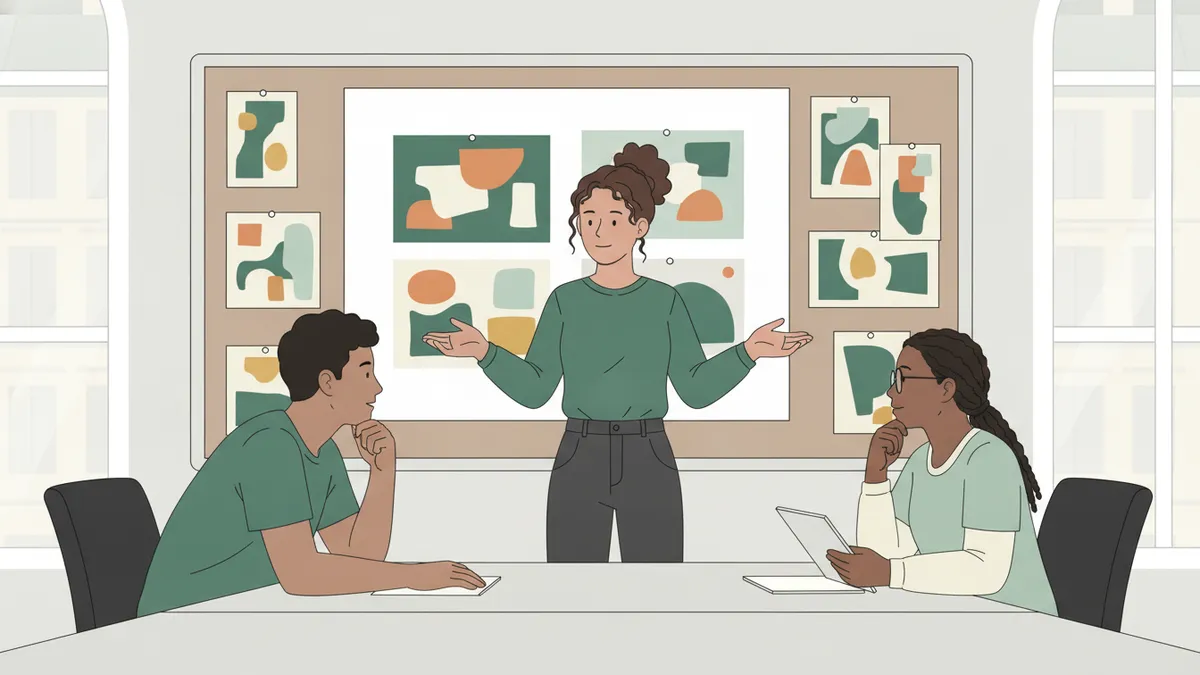 Illustration : dans le service communication d'une entreprise parisienne, une apprentie présente un projet de campagne à deux collègues, devant un tableau couvert de visuels.