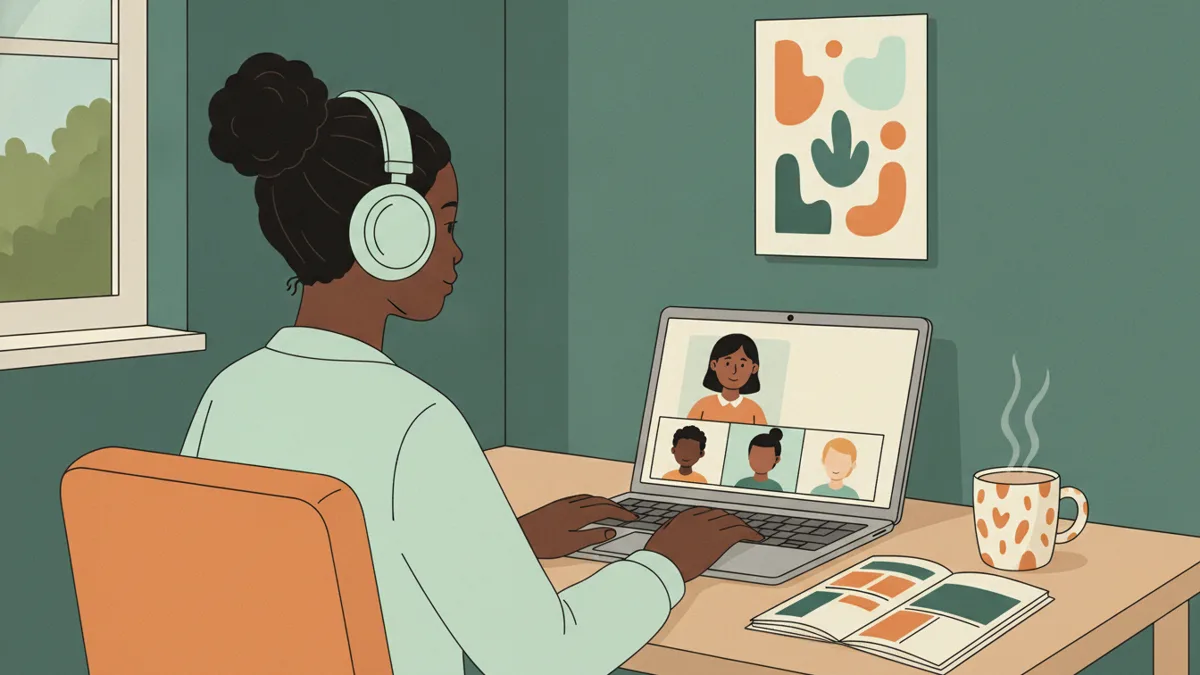 Illustration : une étudiante avec un casque, assise à son bureau dans sa chambre, suit une classe virtuelle sur son ordinateur portable où apparaissent une enseignante et d'autres étudiants ; à côté, un agenda papier ouvert et une tasse fumante.