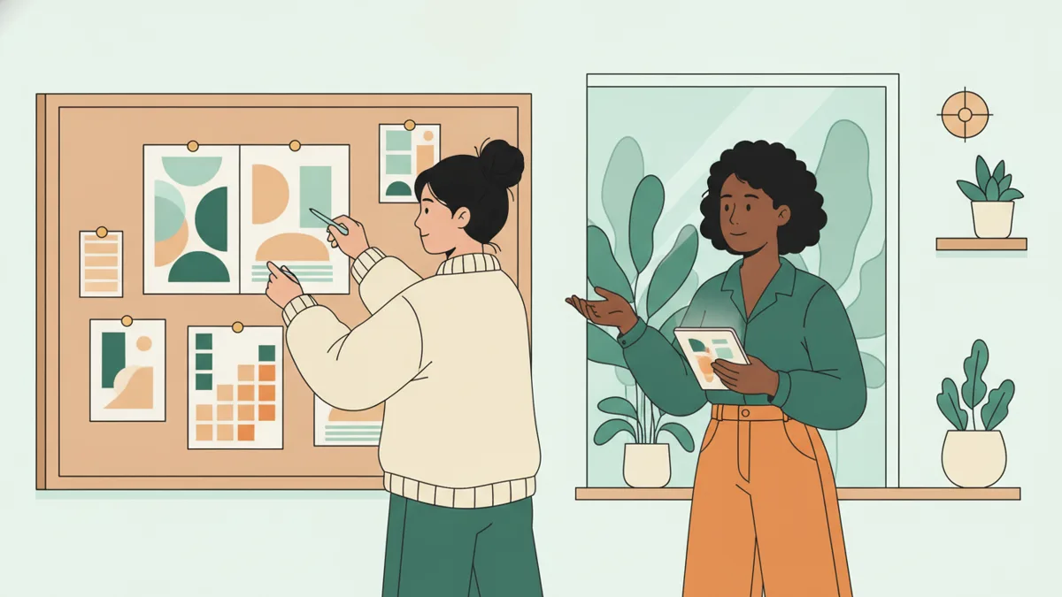 Illustration : dans une petite agence de communication lumineuse, une jeune stagiaire épingle des maquettes d'affiches et des nuanciers sur un tableau de liège, pendant que sa tutrice, tablette en main, lui donne son avis.