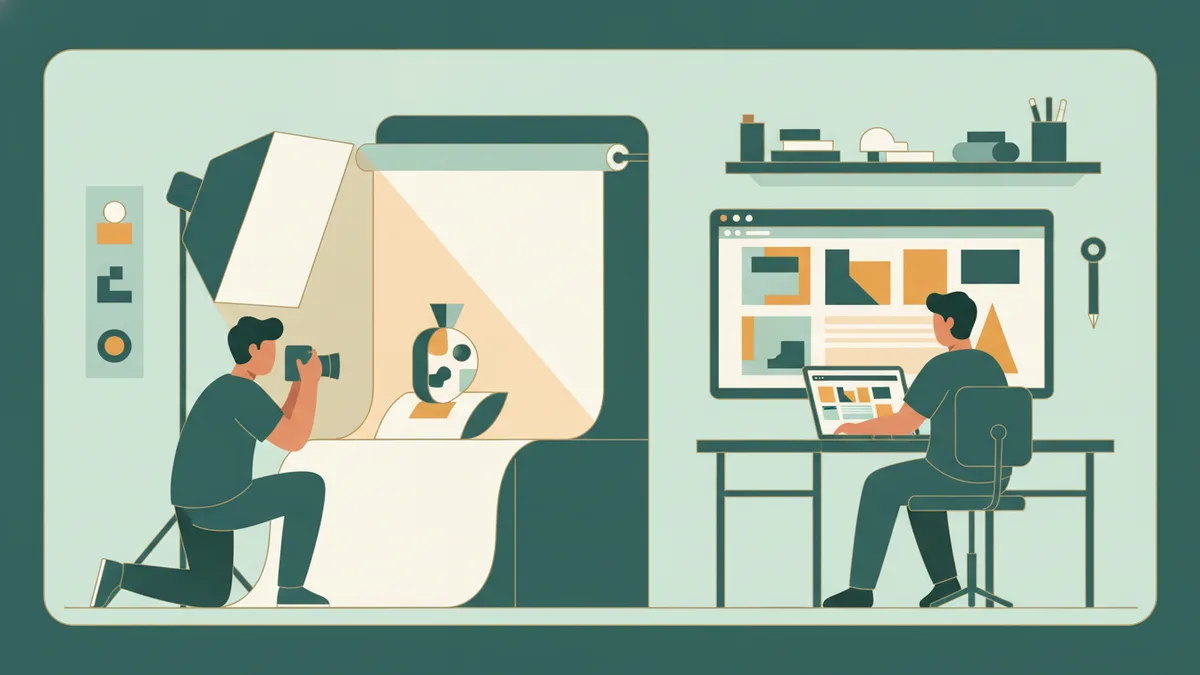 Illustration : dans un atelier, un étudiant à genoux photographie un objet sur un fond blanc éclairé par une boîte à lumière, pendant qu'un autre vérifie le cadrage sur l'écran d'un ordinateur.