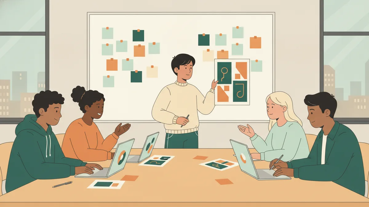 Illustration : des étudiants autour d'une grande table, ordinateurs portables ouverts, réfléchissent à une campagne de communication ; l'un d'eux présente un projet d'affiche devant un tableau couvert de post-it.