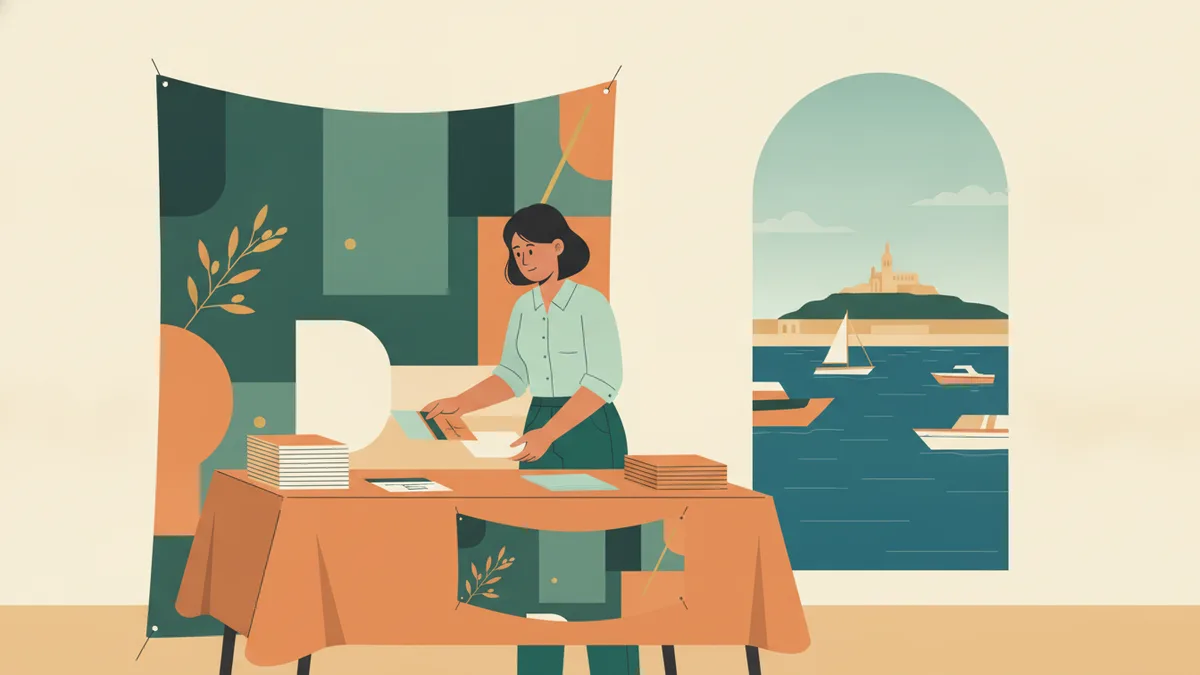 Illustration : une jeune stagiaire installe un stand d'information avec des brochures et une grande bannière, devant une fenêtre qui donne sur la mer et un port.