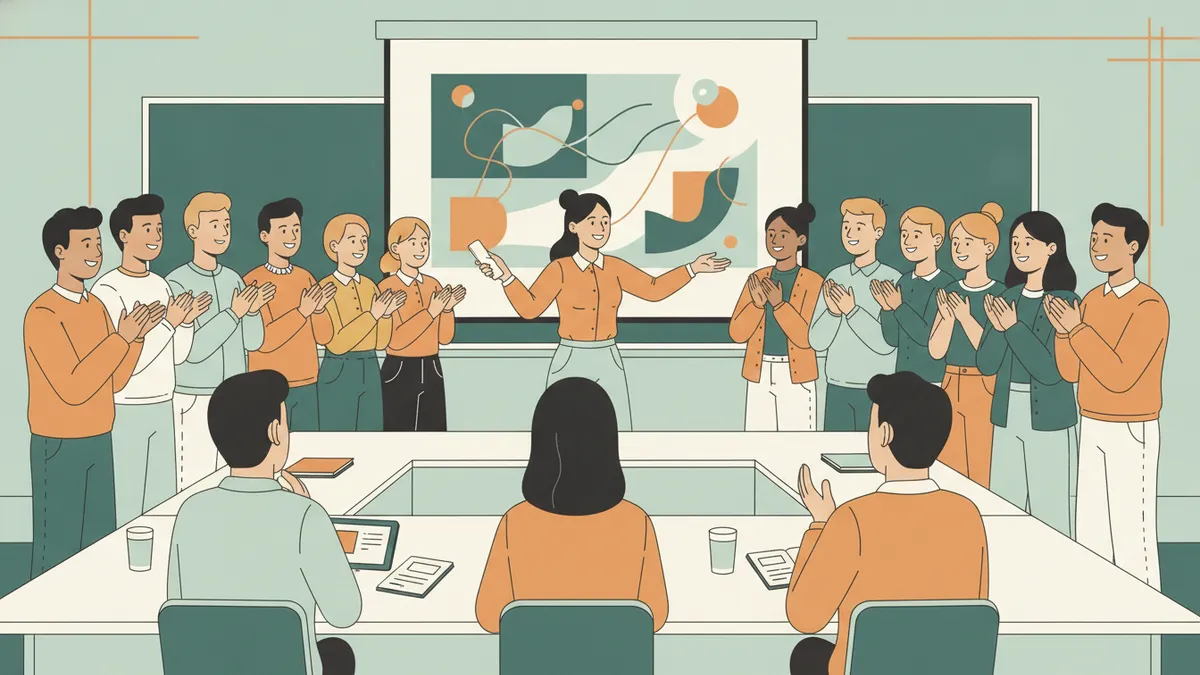 Illustration : dans une salle de classe, des étudiants présentent une campagne de communication devant un jury d'enseignants, l'un tient une télécommande, des diapositives projetées derrière, des camarades applaudissent.