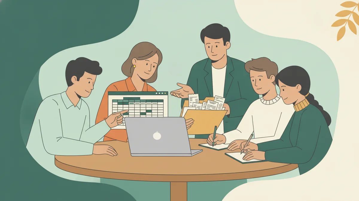 Illustration : autour d'une table, un petit groupe d'étudiants et leur formateur ; une étudiante montre un tableau de budget sur un ordinateur portable à une bénévole d'association qui tient un classeur de factures.