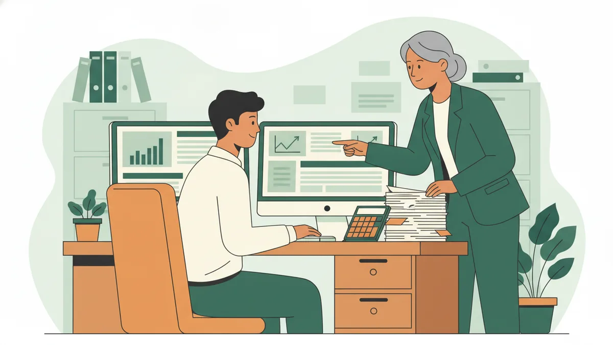 Illustration : dans un petit cabinet comptable, un jeune apprenti saisit des factures sur un logiciel de comptabilité affiché sur deux écrans, une pile de factures et une calculatrice à côté de lui, pendant qu'une comptable expérimentée lui montre un chiffre à l'écran.