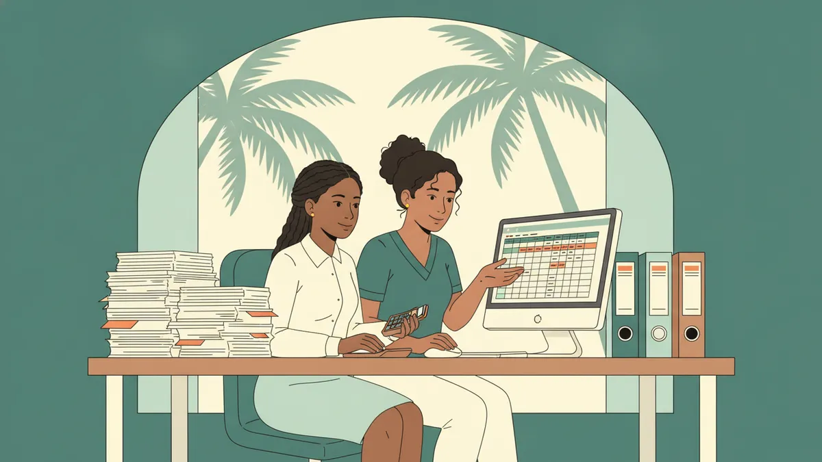 Illustration : dans un petit cabinet comptable aux Antilles, une jeune apprentie vérifie une pile de factures face à un tableur ; sa tutrice, assise à côté d'elle, lui explique ; des palmiers derrière la fenêtre.