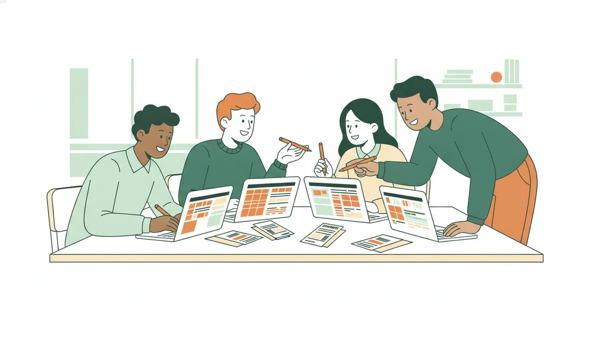Illustration : quatre étudiants autour d'une table, ordinateurs portables ouverts sur des tableaux de chiffres, factures et tickets étalés ; l'un explique avec un stylo pendant qu'un enseignant se penche pour les aider.