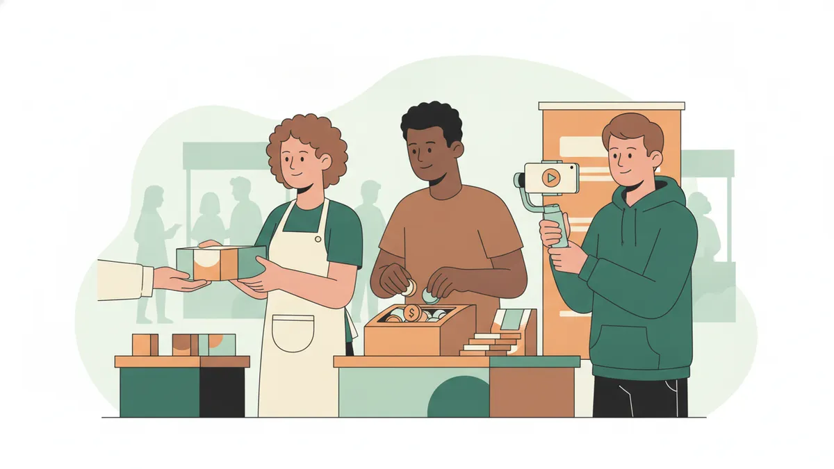Illustration : trois étudiants tiennent un stand dans un salon ; une étudiante tend une boîte de produit à un visiteur, un autre compte la caisse, un troisième filme une courte vidéo promotionnelle avec son téléphone.