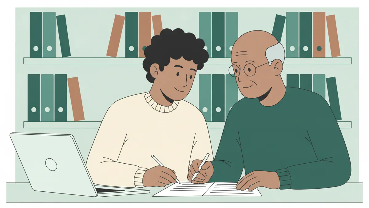 Illustration : dans un bureau de cabinet comptable, un étudiant stagiaire assis à côté d'un comptable plus âgé qui lui explique un document ; un ordinateur portable ouvert, des classeurs sur les étagères.