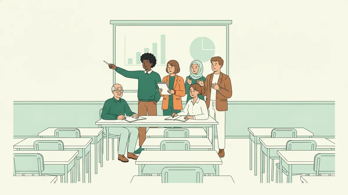 Illustration : quatre étudiants présentent un projet de groupe devant la classe ; l'un montre un graphique projeté à l'écran, un autre tient des feuilles imprimées, deux enseignants les écoutent assis à une table en prenant des notes.