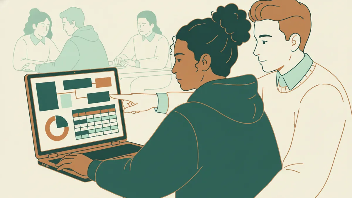 Illustration : vue par-dessus l'épaule d'un étudiant qui travaille sur un logiciel de gestion ; l'écran montre un tableau de bord avec un graphique circulaire et des tableaux, une autre étudiante se penche pour l'aider.