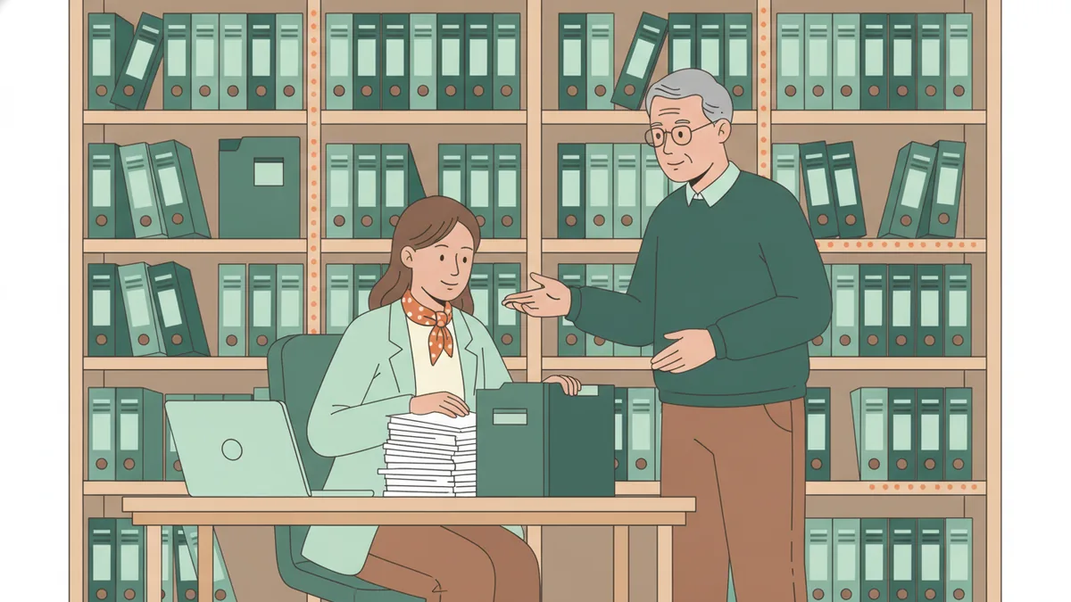 Illustration : une jeune stagiaire classe des factures dans des dossiers, à un bureau devant un mur de classeurs, pendant qu'un comptable expérimenté lui explique une écriture.