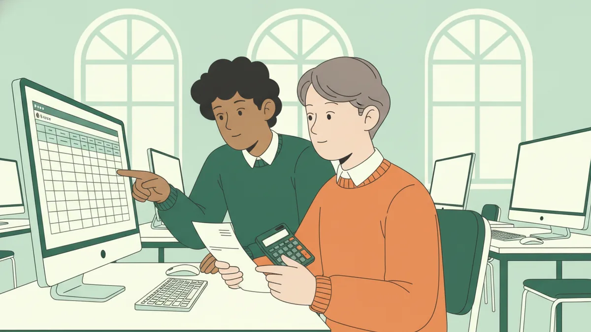 Illustration : dans une salle informatique claire, un étudiant montre du doigt un tableau de chiffres sur un écran pendant que sa voisine vérifie une facture papier avec une calculatrice.