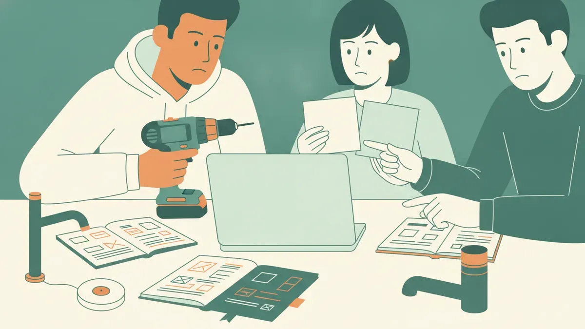 Illustration : gros plan sur trois étudiants autour d'une table ; une perceuse sans fil, un échantillon de carrelage, un petit capteur domotique et un robinet de cuisine sont posés à côté d'un ordinateur portable et de catalogues ; un étudiant examine la perceuse, les autres comparent des fiches.