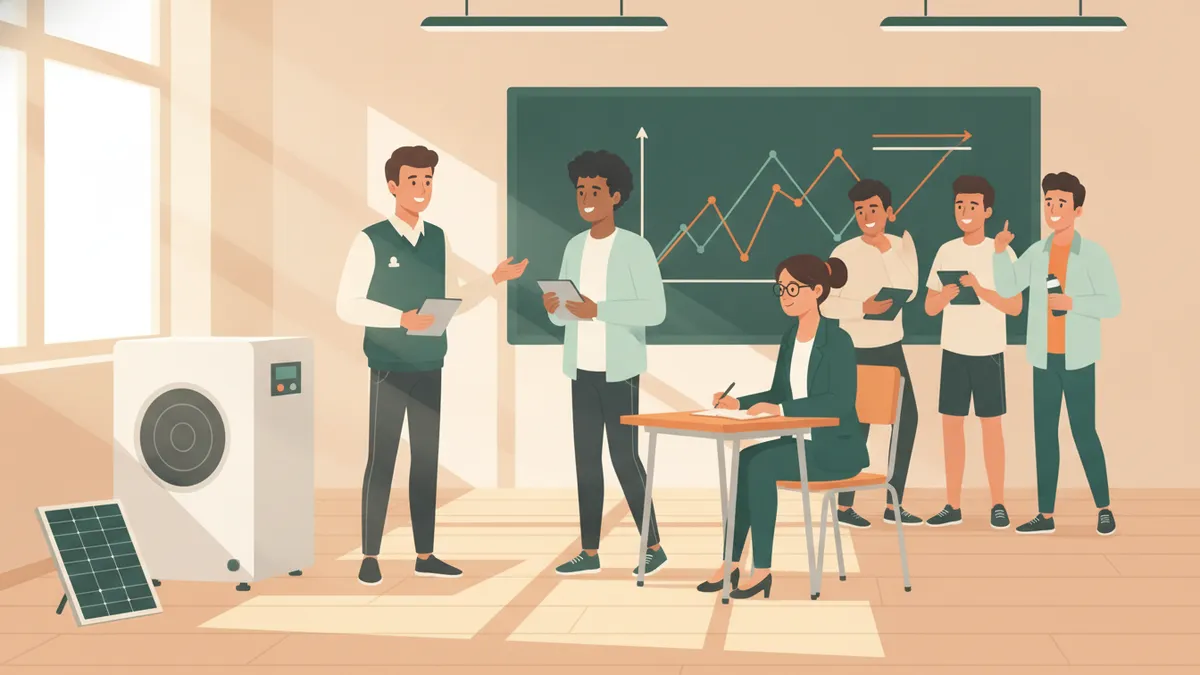 Illustration : dans une salle de classe aménagée en showroom, un étudiant en chemise présente une pompe à chaleur et un petit panneau solaire à un camarade qui joue le client, une tablette à la main ; une enseignante observe et prend des notes ; d'autres étudiants regardent.