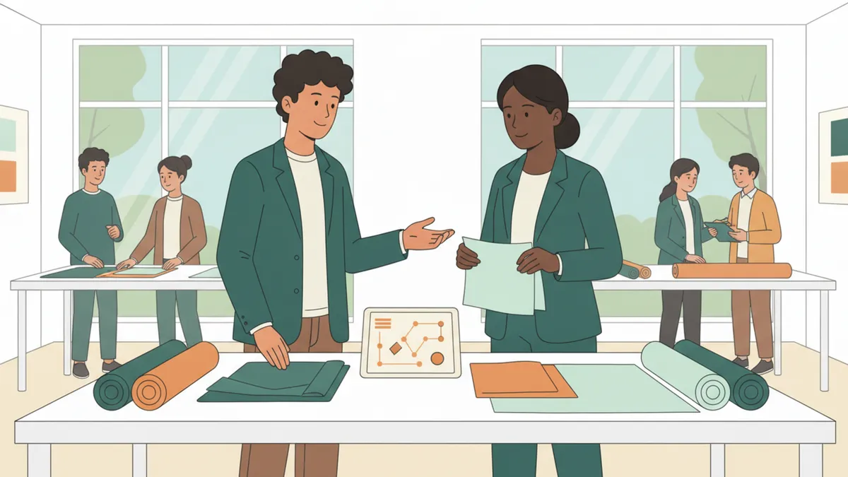 Illustration : dans un showroom lumineux, un étudiant en veste présente des rouleaux et des échantillons de tissu technique à une acheteuse ; sur la table, une tablette affiche un schéma du produit ; d'autres étudiants examinent des étoffes au fond.