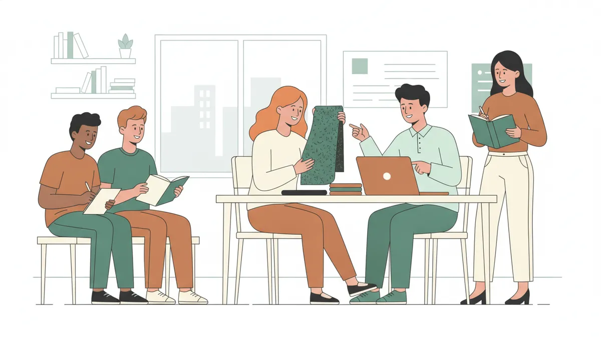 Illustration : en salle de cours, deux étudiants jouent une négociation commerciale face à face autour d'une table avec des échantillons de tissu et un ordinateur ; deux camarades prennent des notes, une enseignante observe debout.