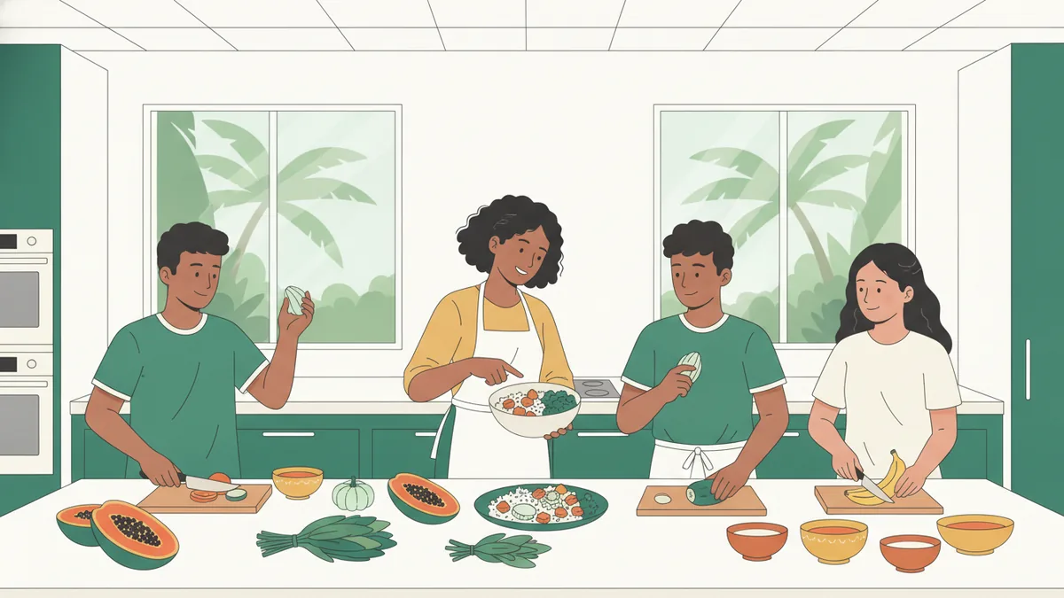 Illustration : dans une cuisine pédagogique lumineuse, avec des palmiers visibles par les fenêtres, des apprentis préparent un plat coloré de légumes et de riz avec des produits locaux : papayes, bananes, brèdes.