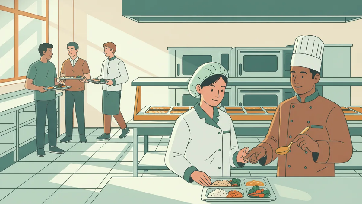 Illustration : dans la grande cuisine d'une cantine scolaire, une jeune apprentie diététicienne en charlotte vérifie les portions des plateaux-repas avec le chef cuisinier, entourée d'équipements en inox.