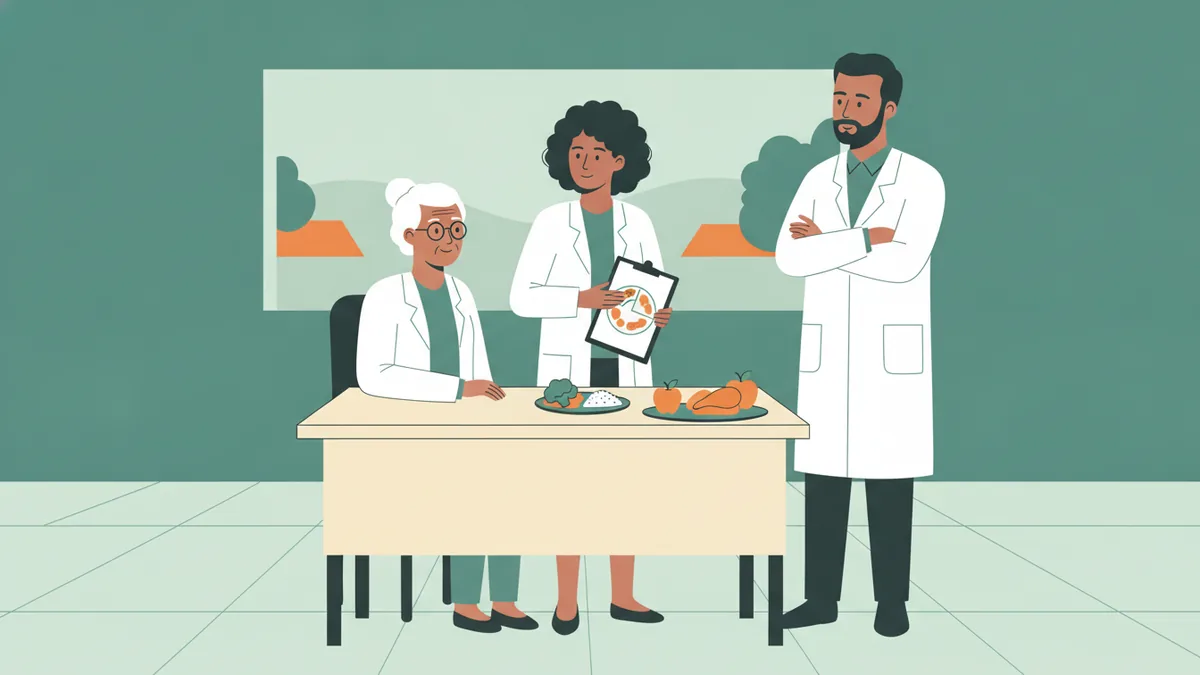 Illustration : dans un bureau de consultation à l'hôpital, une jeune apprentie diététicienne en blouse blanche explique un modèle d'assiette équilibrée à une patiente âgée, sous le regard d'un diététicien qui l'encadre ; des aliments factices sont posés sur le bureau.