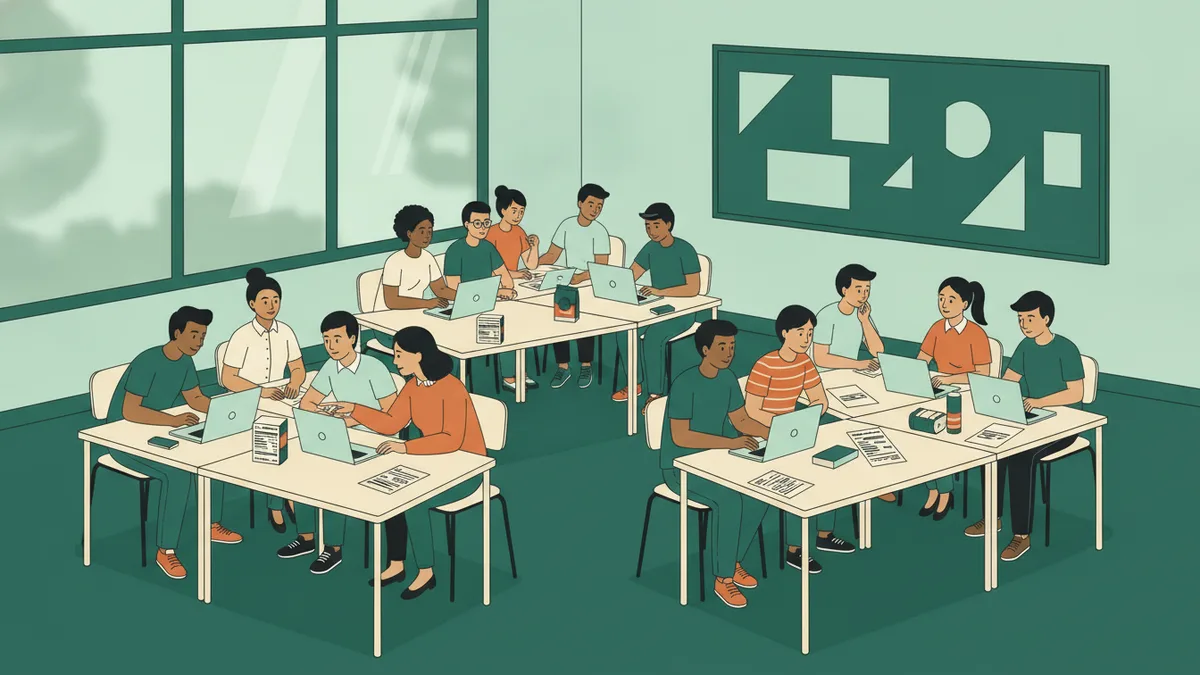 Illustration : dans une salle lumineuse, une douzaine d'étudiants travaillent en équipes sur une étude de cas, avec des ordinateurs et des étiquettes alimentaires imprimées ; une enseignante s'accroupit près d'une équipe pour l'aider.