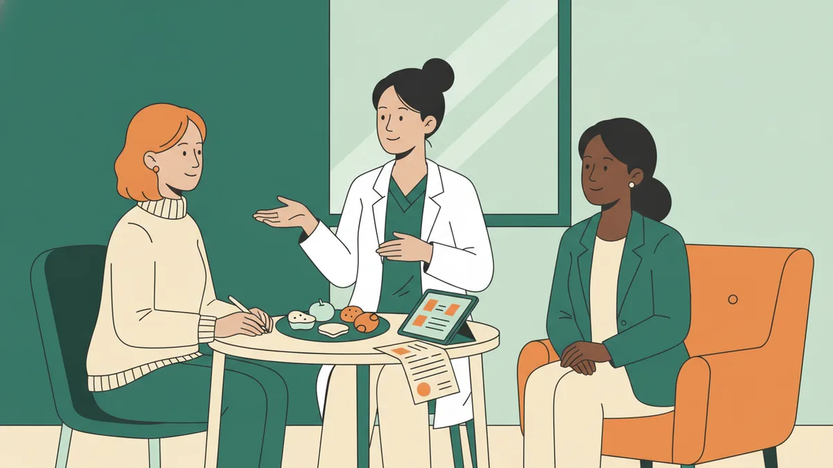 Illustration : dans un bureau de consultation, une jeune apprentie en blouse explique une assiette équilibrée à une patiente à l'aide de modèles d'aliments et d'un plan de repas, à côté d'une diététicienne qui la supervise.