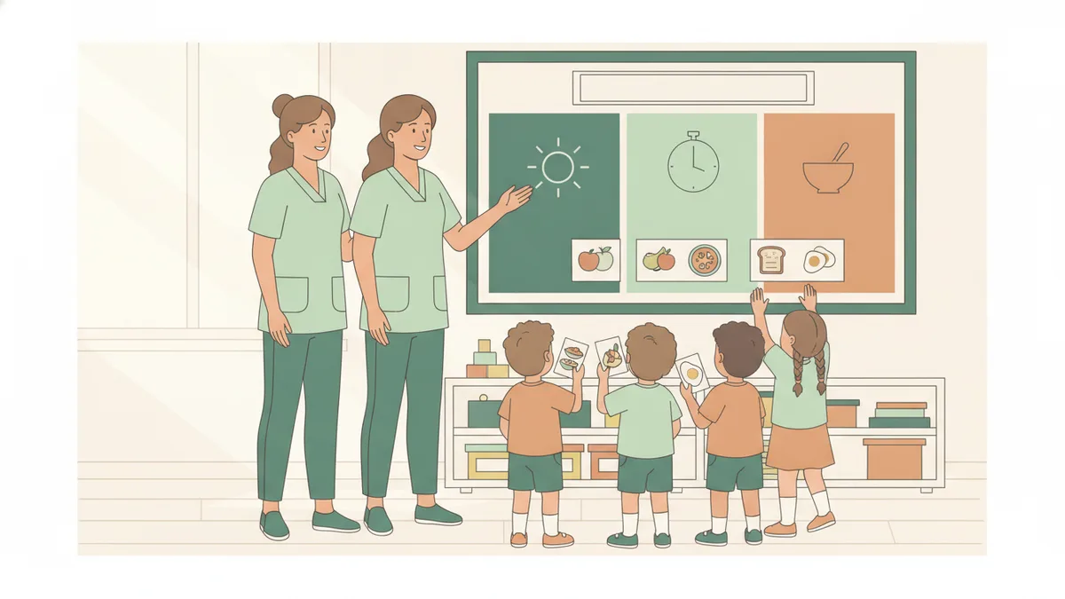 Illustration : dans une salle de classe d'école primaire, deux étudiantes animent un atelier sur le petit-déjeuner ; des enfants classent des images d'aliments sur un grand tableau en couleurs.