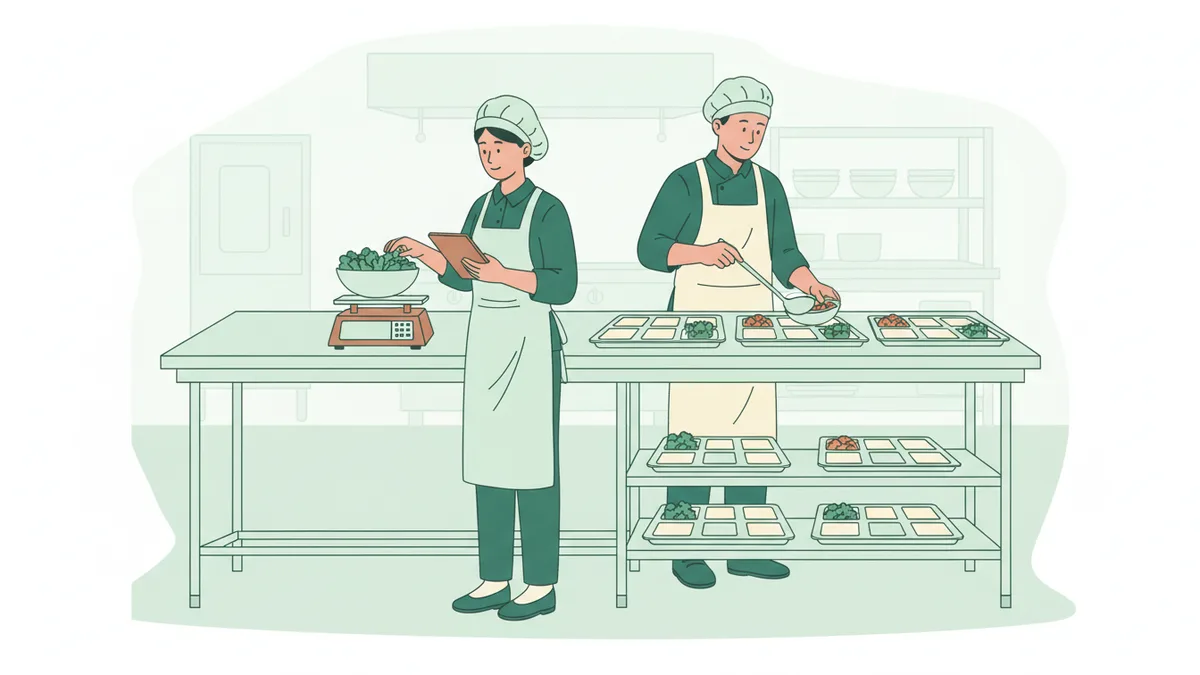 Illustration : dans la grande cuisine d'une cantine, une apprentie en charlotte et tablier pèse une portion de légumes sur une balance pendant qu'un cuisinier dresse des plateaux à côté d'elle.