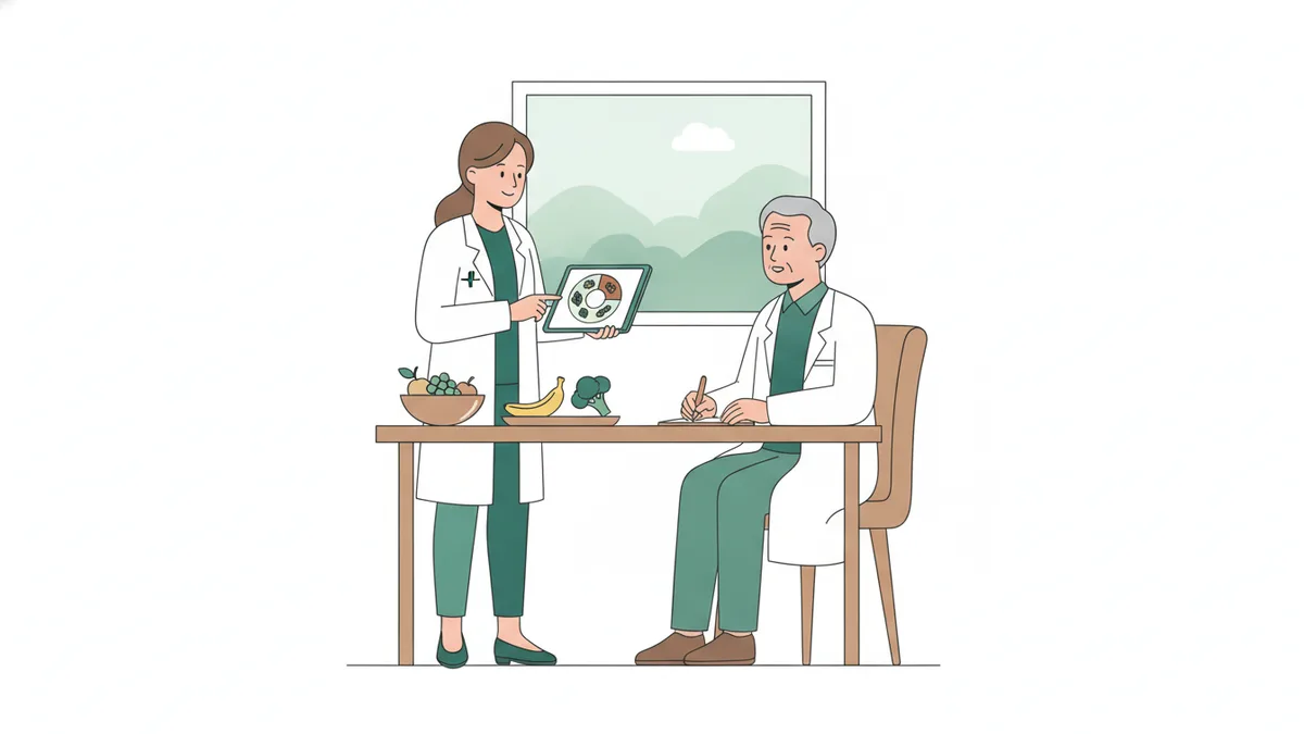 Illustration : dans un bureau d'hôpital, une jeune apprentie en blouse blanche montre à un patient âgé une assiette dessinée en portions, sous le regard d'une diététicienne qui prend des notes.