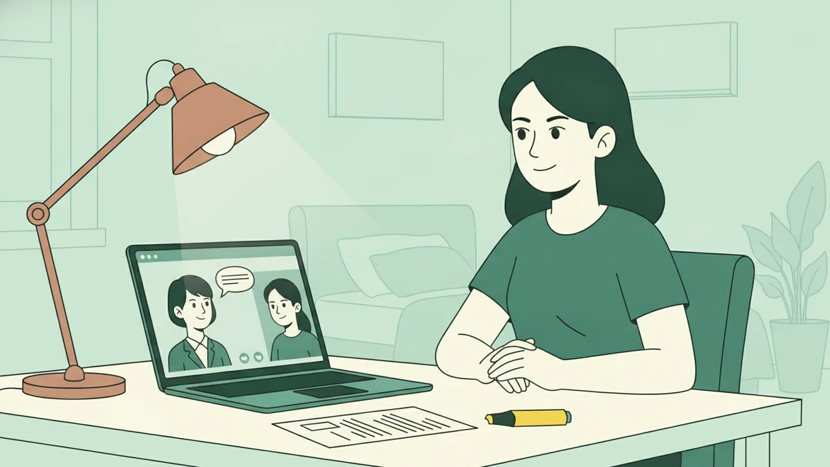 Illustration : le soir, dans sa chambre, une lycéenne s'entraîne à un entretien d'embauche face à son ordinateur portable, où une recruteuse lui répond en visio ; un CV imprimé et un surligneur sur le bureau.