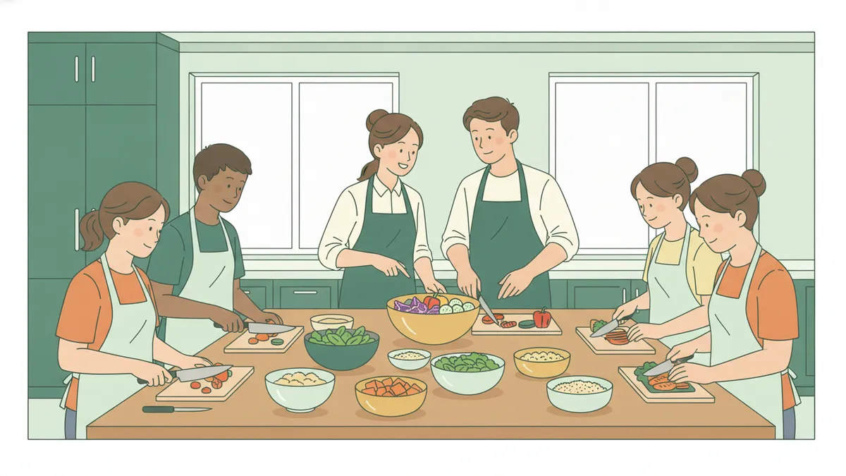 Illustration : dans une cuisine pédagogique, deux étudiants en tablier vert guident des adolescents et des adultes qui coupent des légumes et composent des bols équilibrés autour d'une grande table.