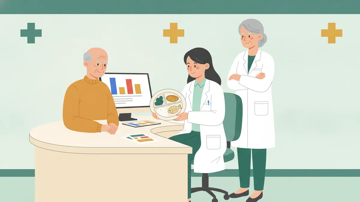 Illustration : dans un bureau de diététique à l'hôpital, une jeune apprentie en blouse blanche présente à un patient âgé une assiette modèle (légumes, féculents, poisson), sous le regard de la diététicienne qui la forme.