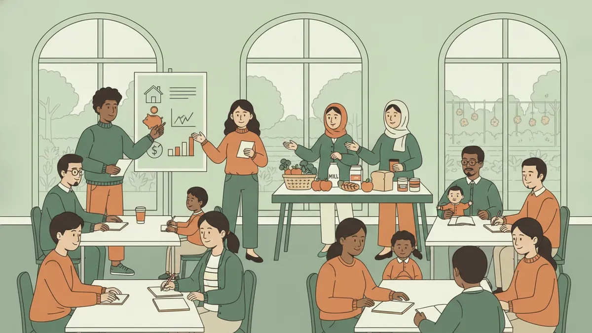 Illustration : dans un centre social, des étudiants animent un atelier pour des familles ; l'un présente une affiche sur le budget du foyer, une autre montre des aliments sur une table, des parents écoutent et prennent des notes.