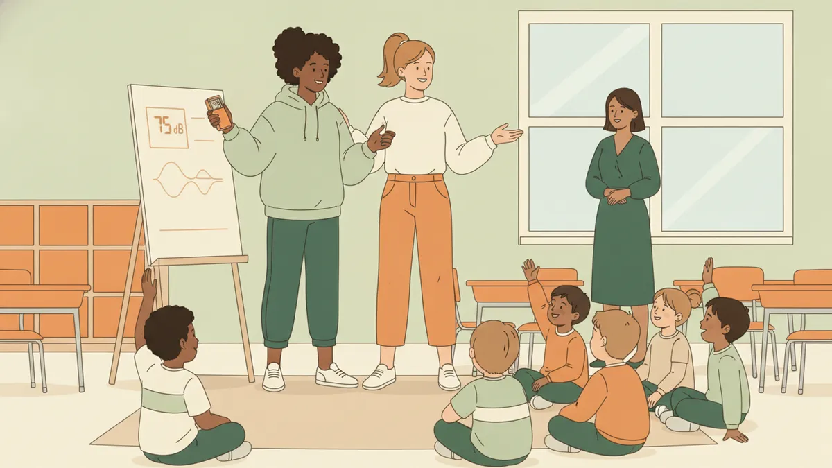 Illustration : deux étudiantes animent une séance de sensibilisation au bruit devant une classe d'écoliers de dix ans assis en cercle ; l'une tient un sonomètre, des enfants lèvent la main, l'enseignante observe au fond.