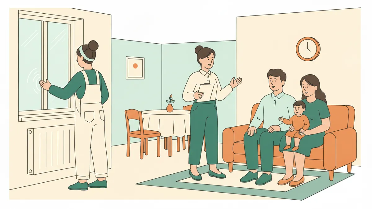 Illustration : une stagiaire vérifie l'isolation d'une fenêtre et un radiateur dans un appartement modeste, pendant qu'une conseillère habitat parle avec les parents assis sur le canapé, leur bébé dans les bras.