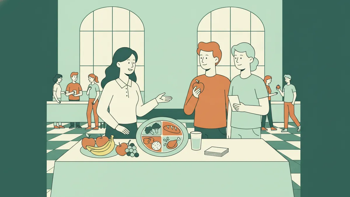 Illustration : dans le hall d'un lycée, une étudiante présente un stand de prévention nutrition avec une grande assiette modèle, des fruits et un verre d'eau à deux élèves qui l'écoutent.