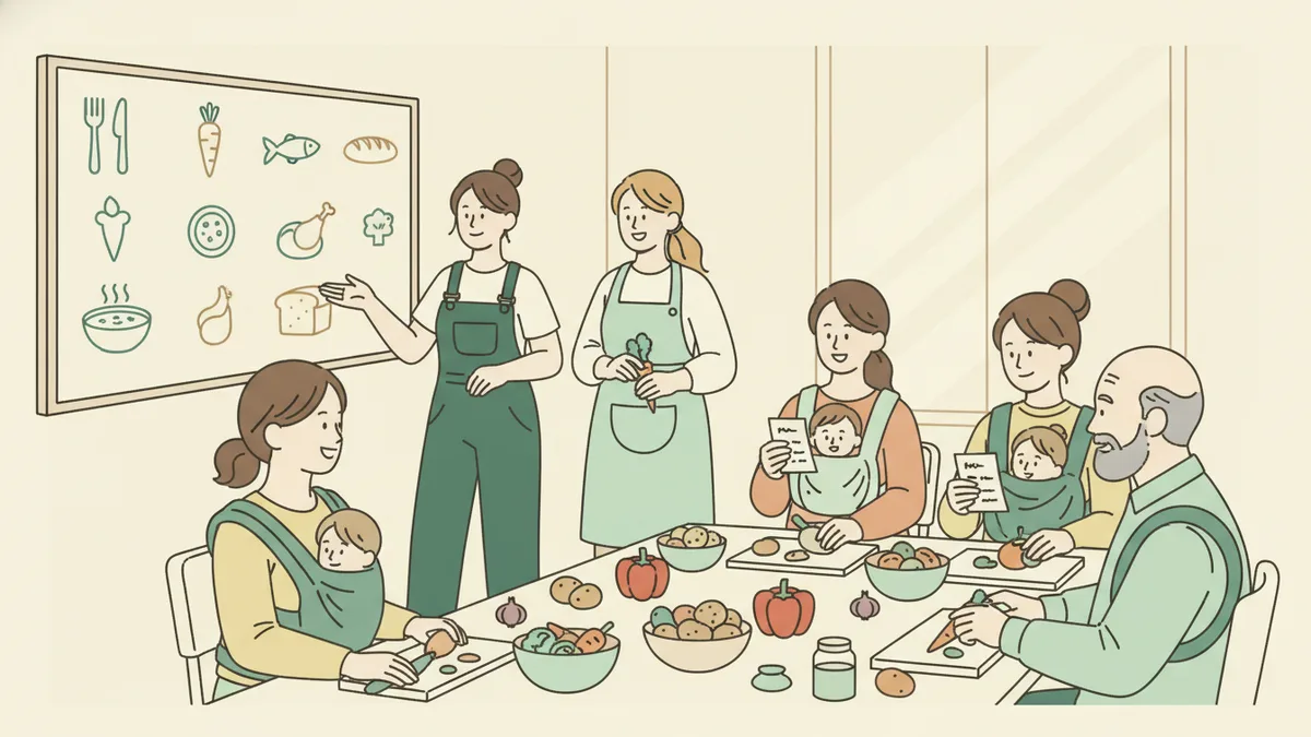 Illustration : deux étudiantes animent un atelier cuisine dans une salle de quartier ; autour d'une table, des parents et une personne âgée épluchent des légumes, un tableau montre un menu de la semaine à petit prix.
