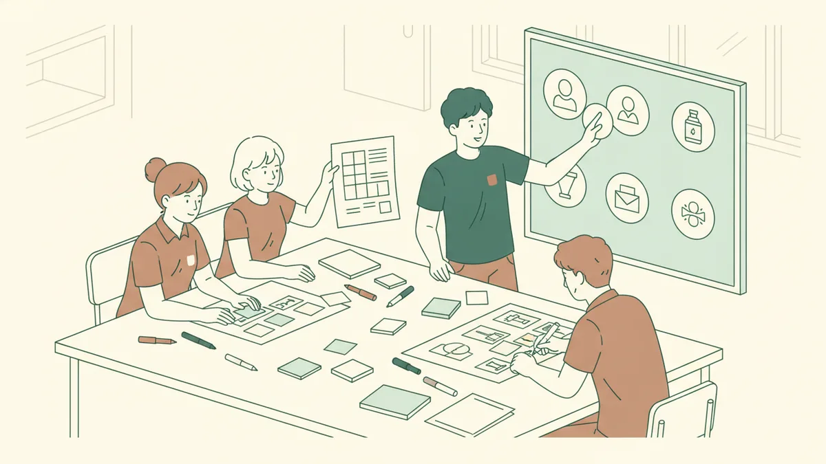 Illustration : quatre étudiants autour d'une grande table couverte de post-it et d'une affiche en cours de dessin ; l'un tient un planning, une autre colle des pictogrammes sur un panneau.