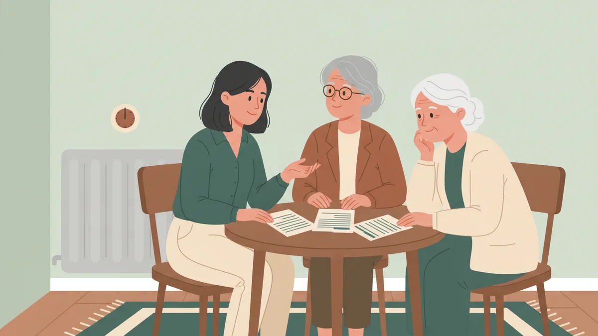 Illustration : dans le salon d'un petit appartement, une étudiante stagiaire et sa tutrice regardent avec une locataire âgée ses factures d'énergie étalées sur la table ; au mur, un radiateur et un thermostat.