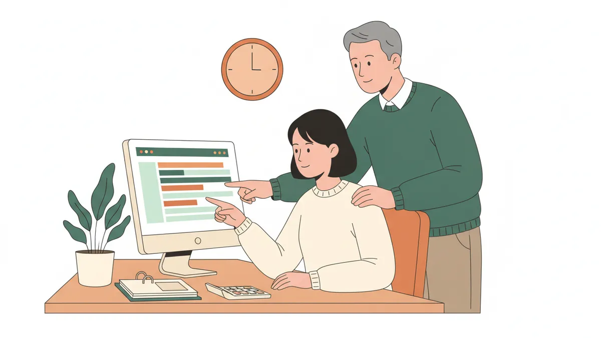 Illustration : une jeune apprentie assise à un bureau vérifie des factures sur un tableur aux barres colorées ; le dirigeant de l'entreprise, debout à côté d'elle, montre un chiffre à l'écran.