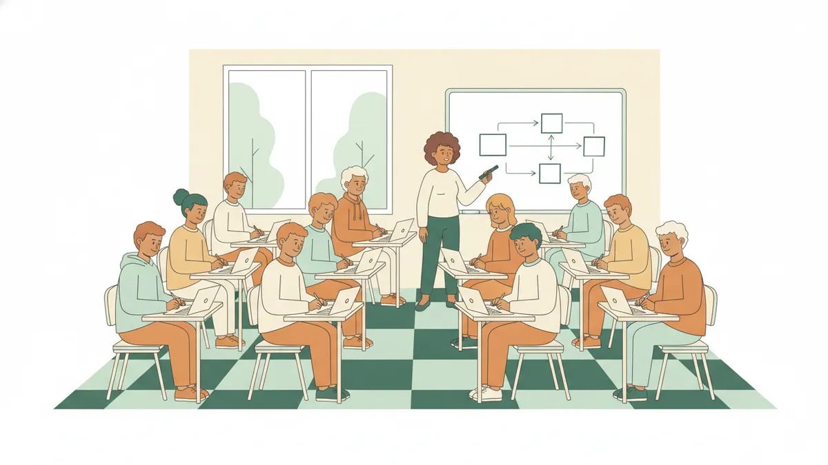 Illustration : une petite salle de formation où une douzaine de jeunes apprentis prennent des notes sur leurs ordinateurs ; un formateur dessine au tableau un schéma de cases reliées par des flèches.