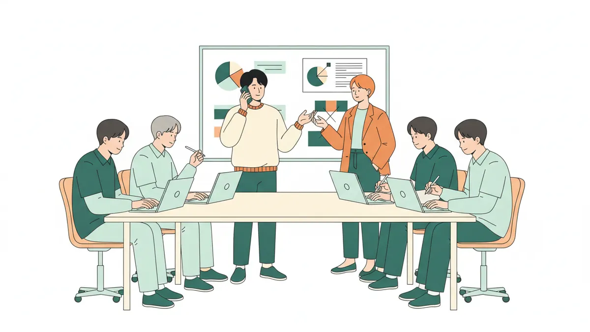 Illustration : en salle de cours, une étudiante simule un appel téléphonique avec un fournisseur pendant que ses camarades prennent des notes sur leurs ordinateurs ; la formatrice suit l'exercice près d'un tableau.